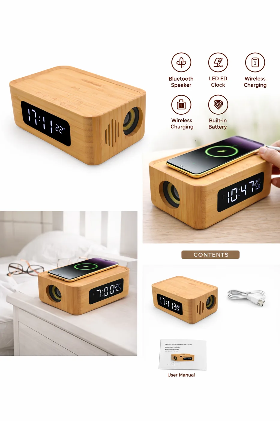MT612 4-in-1 Bamboo Smart Clock with Wireless Qi Fast Charger, Bluetooth Spea...