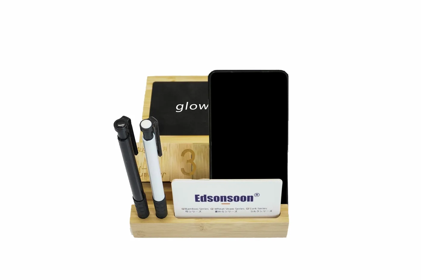 MT555 Bamboo Desk Organizer with Calendar, Wireless Charger & Glow Logo