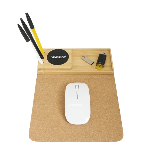 MT564 Bamboo & Cork Mouse Pad with 15W Wireless Charger, Glow Logo & Desk Org...