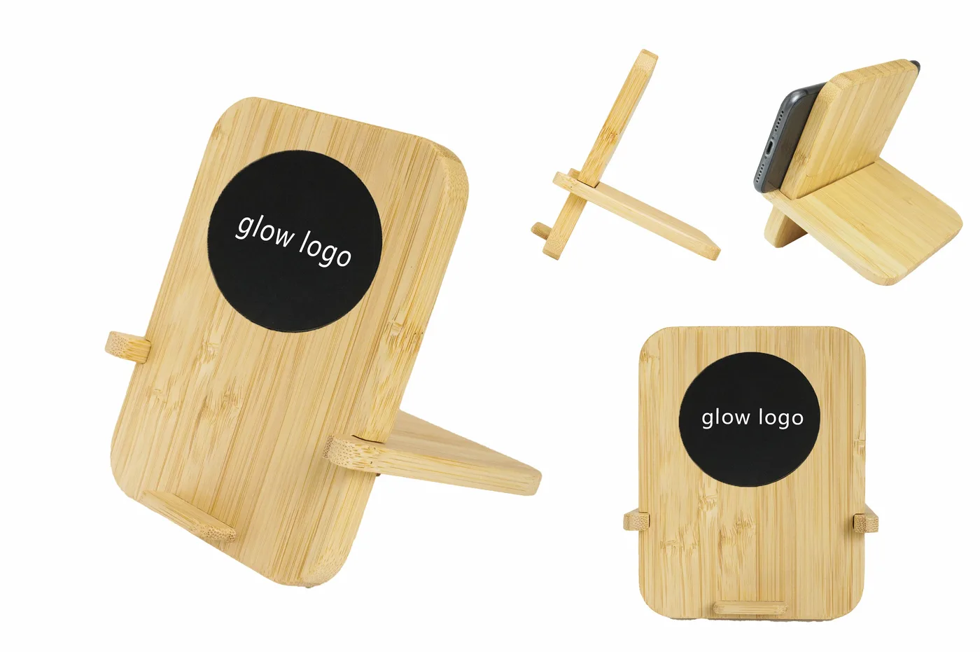 MT565 chargeur sans fil bambou, logo lumineux et support téléphone