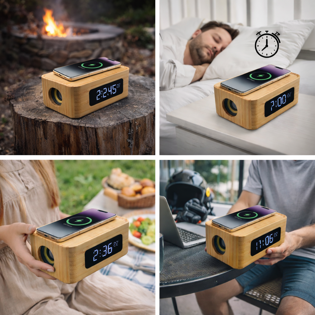 MT612 4-in-1 Bamboo Smart Clock with Wireless Qi Fast Charger, Bluetooth Spea...