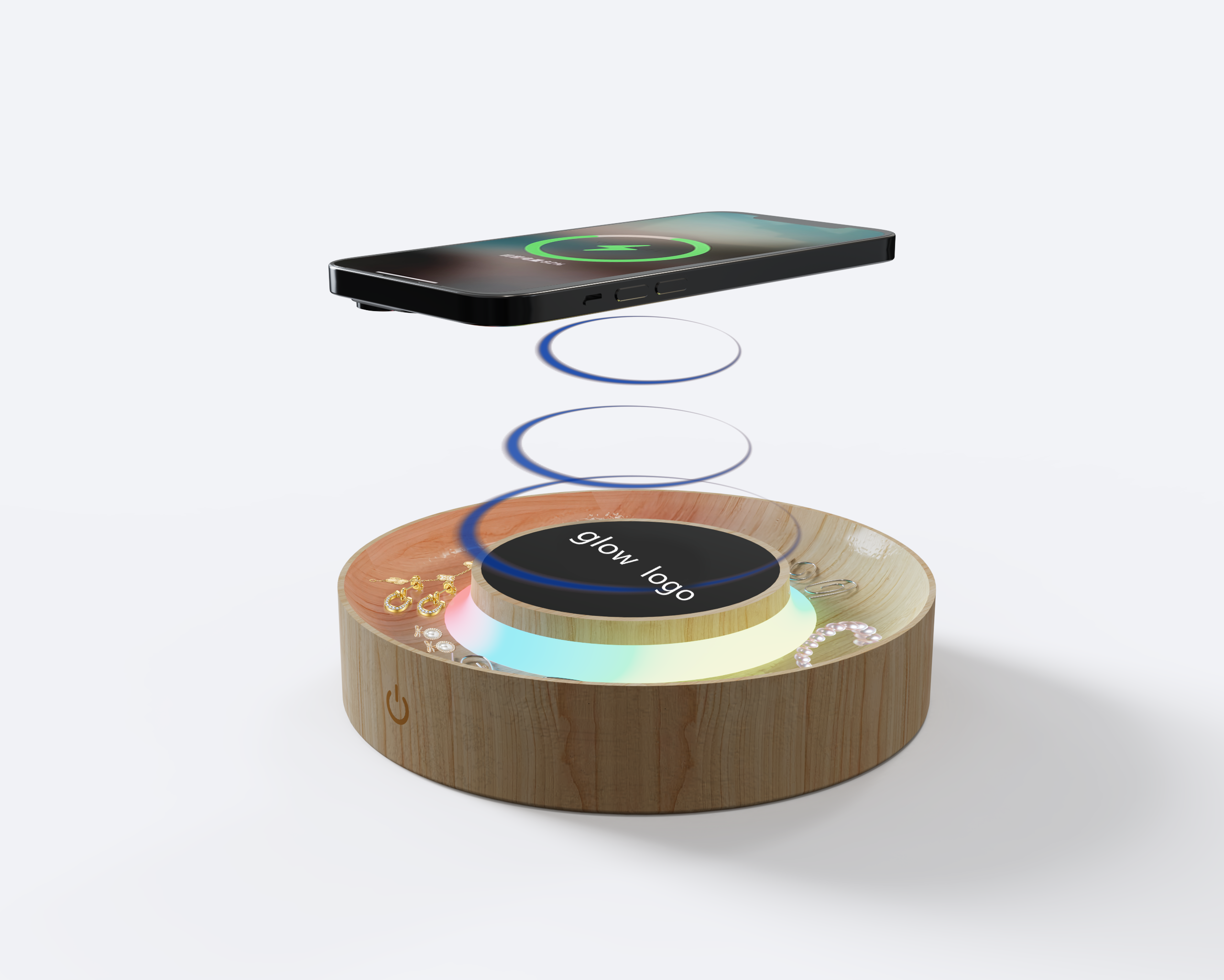 MT562 Bamboo Wireless Charger with Glow Logo, Phone Holder, Organizer & Ambie...